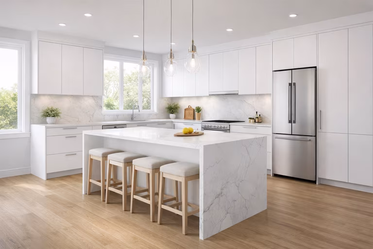 Bright modern kitchen design with white island and pendant lights